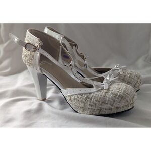 Women's White Tweed Bow Platform Mary Jane Heels Size 39